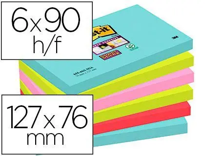 Bloc de Notas Adhesivas Quita y Pon Post-It Super Sticky 76X127 mm con 90 Hojas Pack de 6 Unidades Colores Miami.