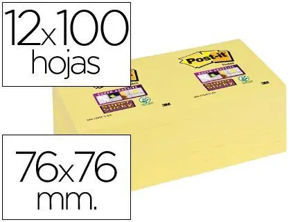 Bloc de Notas Adhesivas Quita y Pon Post-It Super Sticky 76X76 mm con 12 Bloc Amarillo Canario