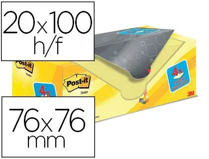 Bloc de Notas Adhesivas Quita y Pon Post-It Super Sticky Amarillo Canario 76X76 mm Pack Promocional 16+4 Gratis.