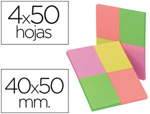 BLOC NOTAS ADHESIVAS QUITA Y PON Q-CONNECT 40X50 MM CON 50 HOJAS FLUORESCENTES -PACK DE 4 UNIDADES