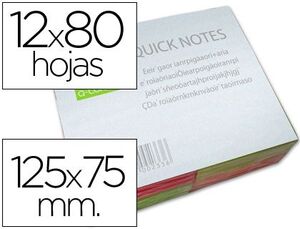 BLOC DE NOTAS ADHESIVAS QUITA Y PON Q-CONNECT 125X75 MM CON 100HOJAS FLUORESCENTES PACK DE 12 -SURTIDAS EN 4 COLORES.