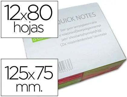 Bloc de Notas Adhesivas Quita y Pon Q-Connect 125X75 mm con 100Hojas Fluorescentes Pack de 12 -Surtidas en 4 Colores.