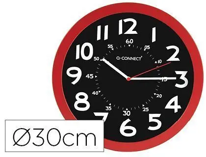 Reloj Q-Connect de Pared Plastico Oficina Redondo 30 cm Color Rojo y Esfera Color Negro