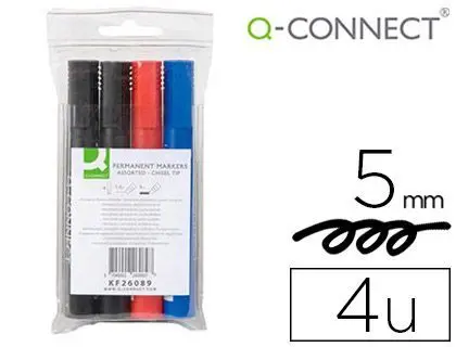 Rotulador Q-Connect Marcador Permanente Estuche de 4 Colores Surtidos Punta Biselada 5. 0 mm.