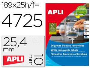	ETIQUETA ADHESIVAS APLI 10198 TAMAÑO 25,4X10 MM REMOVIBLE PARA FOTOCOPIADORA LASER INK-JET CAJA 25 HOJAS CON