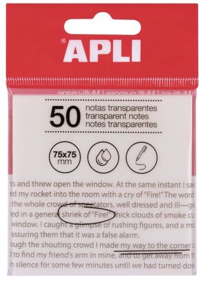 BLOC 50 NOTAS ADHESIVAS TRANSPARENTES 75X75MM APLI