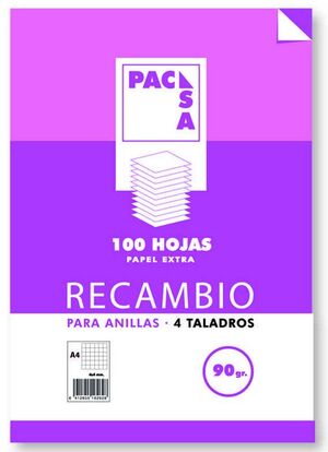RECAMBIO PACSA A4 100H 90GR LISO 4 TALADROS