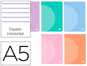 LIBRETA LIDERPAPEL 360 TAPA PLÁSTICO A5 48 HOJAS 90G/M2 RAYAS COLORES PASTEL