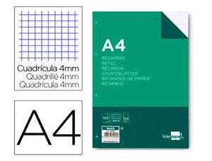 RECAMBIO LIDERPAPEL A4 100 HOJAS 100G/M2 CUADRO 4MM CON MARGEN 4 TALADROS