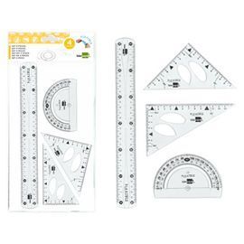 JUEGO DE ESCUADRA 10 CM CARTABON 14 CM REGLA 30 CM Y SEMICIRCULO PLASTICO FLEXIBLE EN PETACA