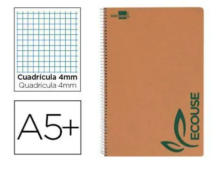 Cuaderno Espiral Liderpapel Cuarto Ecouse Tapa Cartulina Kraft 80H Papel Reciclado 80 Grcuadro 4Mm