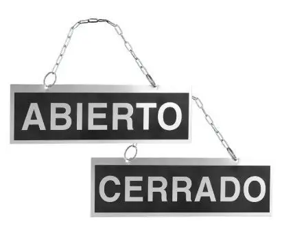 Letrero de Aluminio Serigrafiado Abierto y Cerrado con Cadena y Ventosa para Colgar 232X74 mm