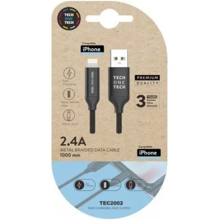 Cable Negro Braided Nylon (Apple), Alto Rendimiento 1M 2,4A