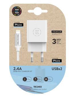 CARGADOR TECH ONE TECH 2.4 DOBLE USB + CABLE BRAIDED NYLON MICRO USB APPLE LONGITUD 1 MT COLOR BLANCO