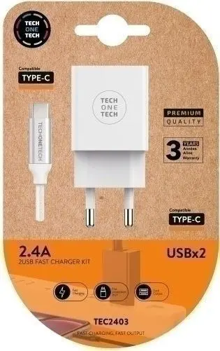 Cargador Tech One Doble Blanco + Cable Braided Nylon Tipo Usb-C
