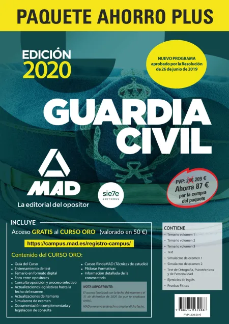 Paquete Ahorro Plus Guardia Civil 2020. Ahorra 87  (Incluye Temarios 1, 2 y 3;