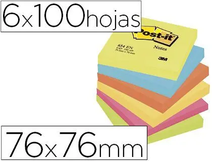 Bloc de Notas Adhesivas Quita y Pon Post-It 76X76 mm Neon Pack de 6 Blocs Surtido.