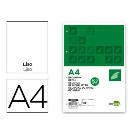 Recambio Liderpapel A4 100 Hojas 100G/M2 Liso sin Margen 4 Taladros